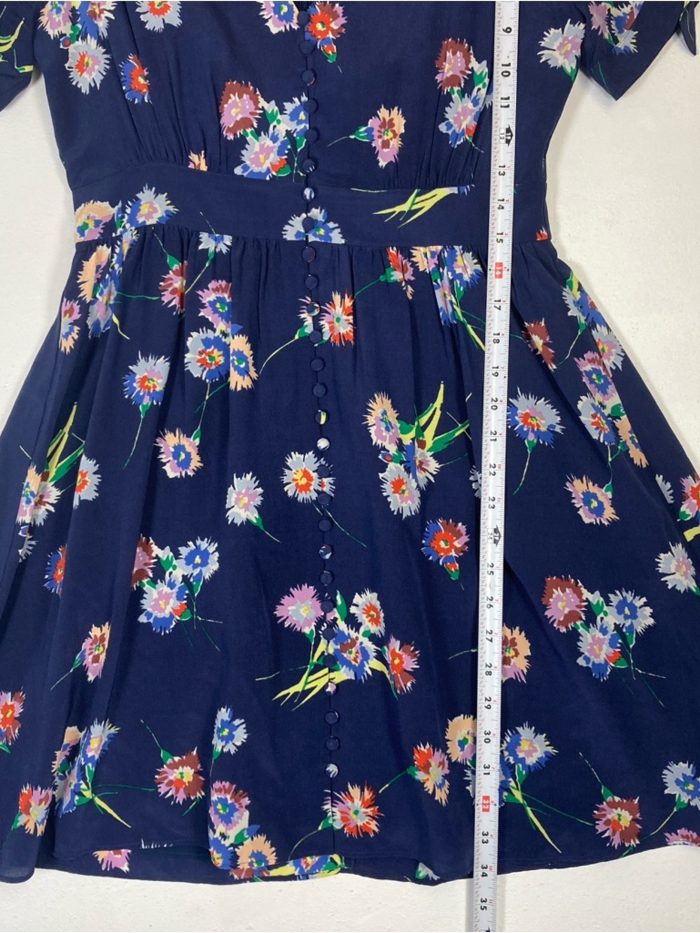 Madewell 100% Silk Navy Blue Floral V-Neck Babydoll Short Sleeve Mini Dress Sz 2 - Picture 5 of 16